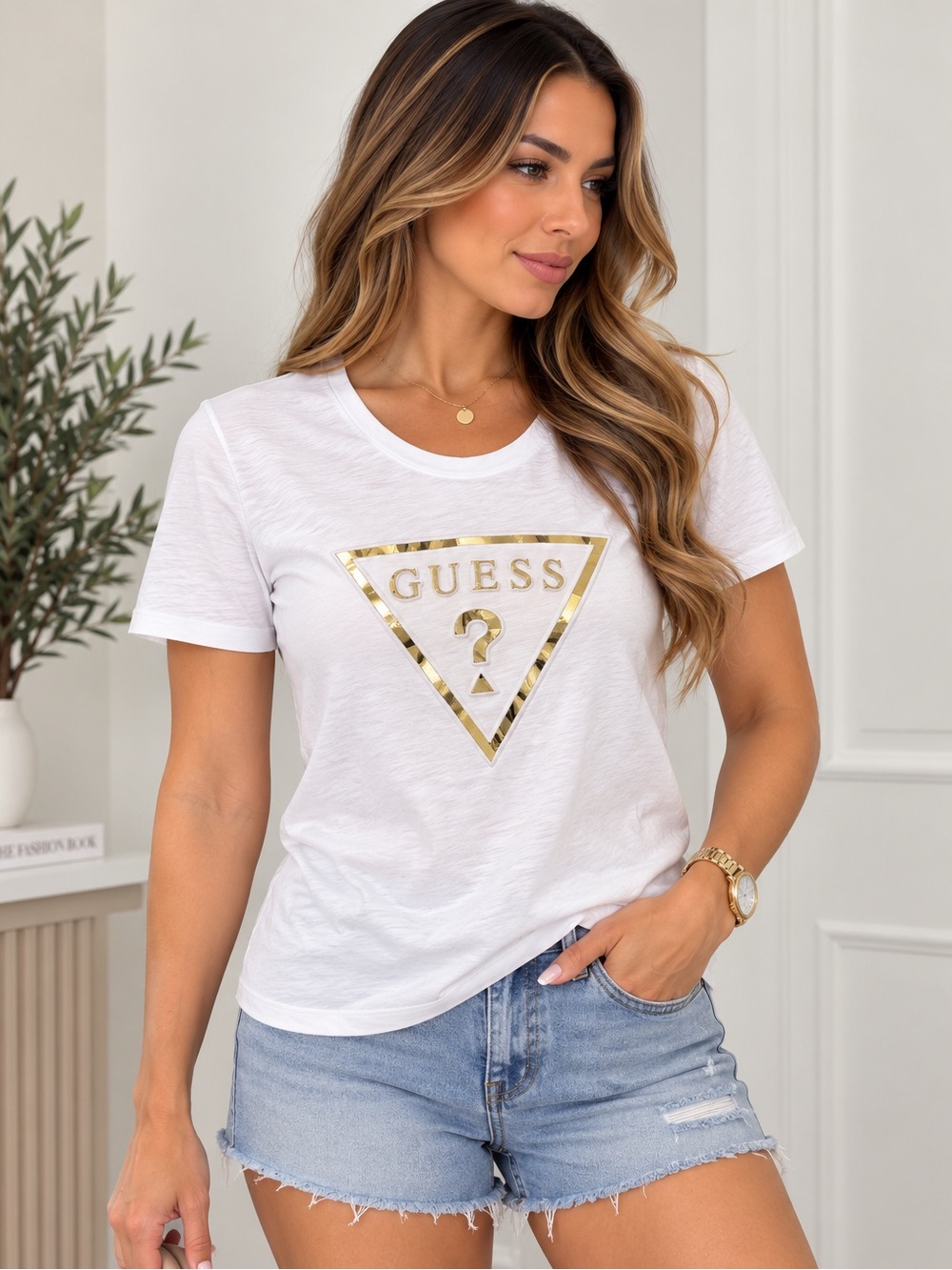GUESS White Short-Sleeve Tee with Gold Triangle Logo